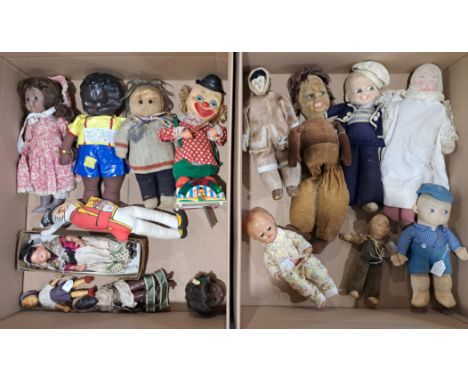 Mixed doll group including: Nora Wellings velveteen/cloth dolls; Sunny Jim cloth doll; reproduction googly eye bisque doll; p
