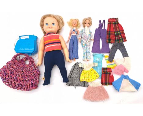 Pedigree Sindy pair of vintage dolls &amp; clothing including: (1) Sindy doll, ash blonde wearing floral 2 piece, (2) Sindy d