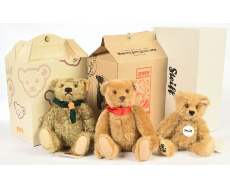 Steiff three mohair teddy bears: (1) Steiff Danbury Mint Scouts Centenary Bear, yellow tag 000713, LE to 2007, with certifica