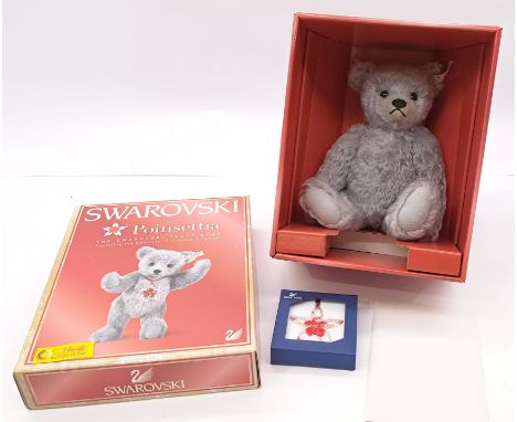Steiff Swarovski Crystal Poinsettia club edition 2007. White tag 681103, silver grey, mohair, fully jointed teddy bear, certi