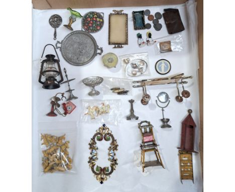 Vintage dolls house accessories including: metal, glass, lead; Distler highchair; lead animals, tea set; photo album; oil lam