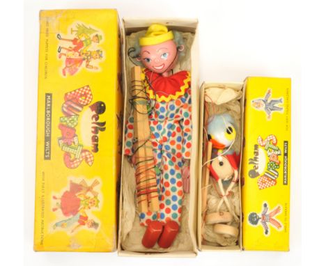 Pelham Puppets vintage pair: (1) Pelham Puppet Clown, in yellow box; (2) Pepham Puppet Oz Ostrich, in yellow box; Good to exc