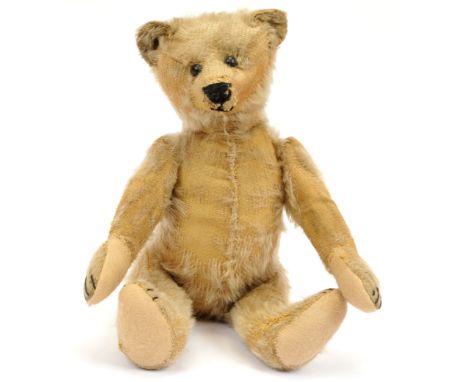 Early teddy bear, light blonde mohair, black boot button eyes, black re-stitched nose, fully jointed, REPLACED wool felt pads