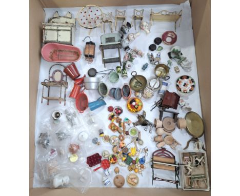Vintage dolls house accessories including: metal, ceramic, wood; furniture; foods; range of scales; unchecked for completenes