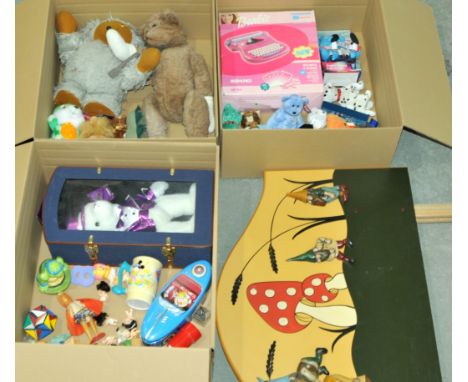 Assorted toys, some vintage, including: Mehano Barbie Typewriter; Henry James TMNT ceramic bank; TY Beanie Babies; Burbank To