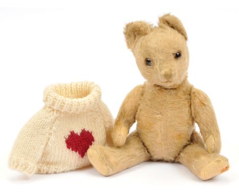British 1920s / 1930s pale blonde mohair vintage teddy bear, clear glass eyes with black pupils and brown painted backs, ligh