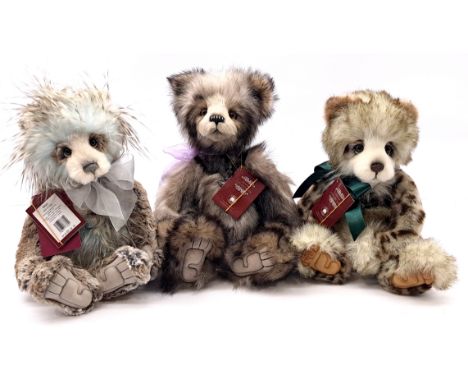 Charlie Bears trio including: (1) Kate, CB 202001, plush, swing labels, 14"/36cm; (2) Dean, CB 212105B, LE 3000, plumo ("plum