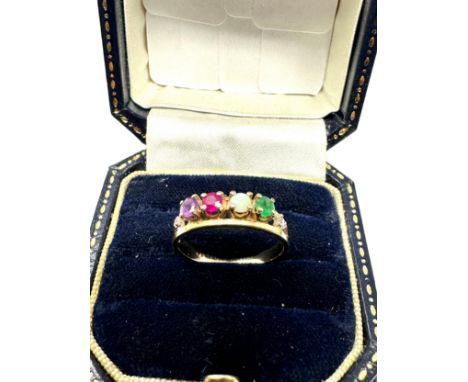 9ct gold diamond, amethyst, ruby,opal. and emerald set dress ring (1.9g)