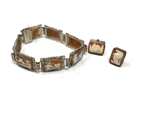 .925 Carved Shell Cameo Panel Bracelet And Cufflinks (29g)