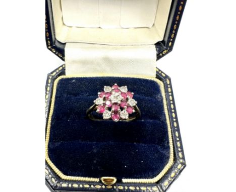 9ct white and yellow gold diamond and ruby starburst cluster ring (2.3g)