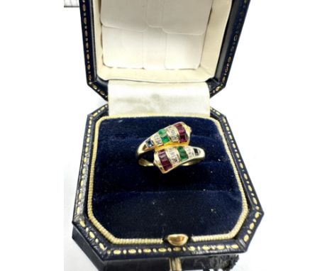 14ct gold vintage diamond, ruby, emerald, and sapphire set bypass ring (2.8g)