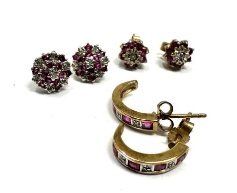 3 x 9ct gold ruby and diamond set earrings (4.5g)