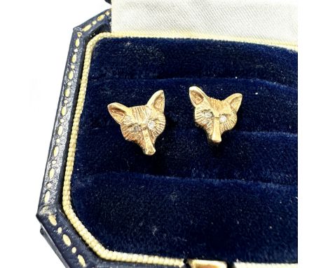 9ct gold vintage diamond set eyes fox head stud earrings (1.7g)