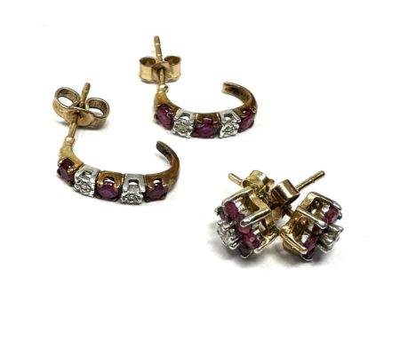 2 x 9ct gold paired ruby &amp; diamond earrings inc. stud &amp; half-hoop (2.3g)