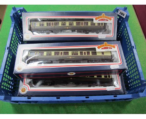 Four Boxed Bachmann Branch-Line 'OO' Gauge Great Western Collett 60ft Coaches, in chocolate/cream livery, #34-100B 1st Class 