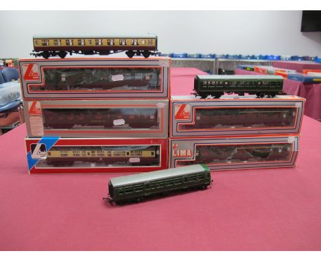 Eight 'OO' Gauge Eight Wheel Coaches by Lima, Tri-ang, Mainline, Hornby, including Lima #305324 MKI Restaurant Buffet Car in 