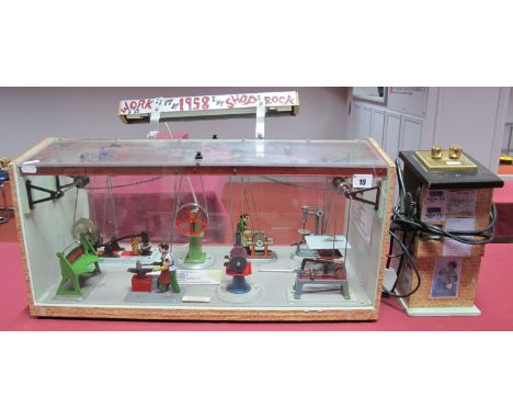 Nine Steam Powered Wilesco Workshop Models, including grinder, man with hammer, saw, contained in a handmade perspex roofed e