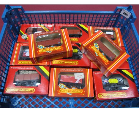 Eleven Hornby "OO" Gauge Rolling Stock Wagons and Vans, including #R239 BR Mineral Wagon (five), #R008 Esso Tank Wagon (two),
