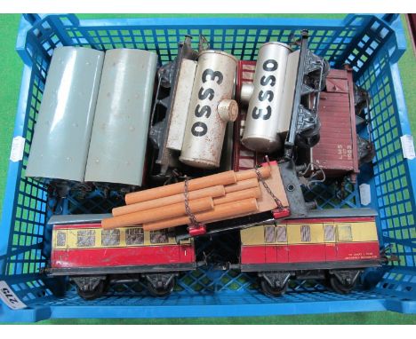 Ten Post War Hornby 'O' Gauge Rolling Stock and Coaches, including guards van, 'Esso' Tank Wagon (silver), Log Wagon, playwor