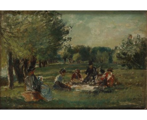 Mark Fisher,&nbsp;American/British 1841-1923 -&nbsp;Picnic scene;&nbsp;oil on canvas, signed with initials lower left 'M F', 