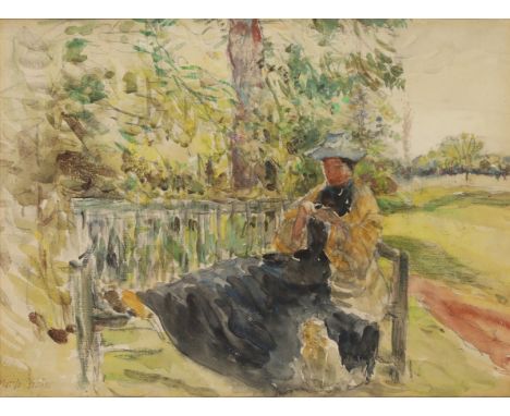Mark Fisher,&nbsp;American/British 1841-1923 -&nbsp;Woman knitting on a bench;&nbsp;watercolour and pencil on paper, signed l