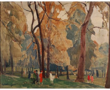 Rudolf Hellwag,&nbsp;Austrian 1867-1942 -&nbsp;Promenade in a park;&nbsp;oil on canvas on board, signed lower left 'R.Hellwag