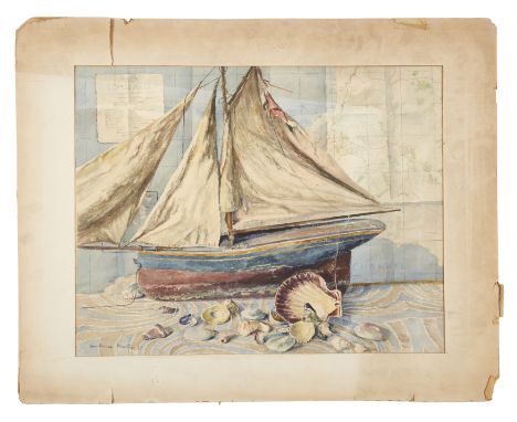 Constance Morton,&nbsp;British 1900-1990 -&nbsp;Sea shells and model boat, 1967;&nbsp;watercolour on paper, signed and dated 