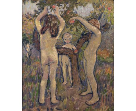 Erna Hoppe-Kinross,&nbsp;German/British 1875-1964 -&nbsp;Children in Garden;oil on board, signed and titled to artist's label