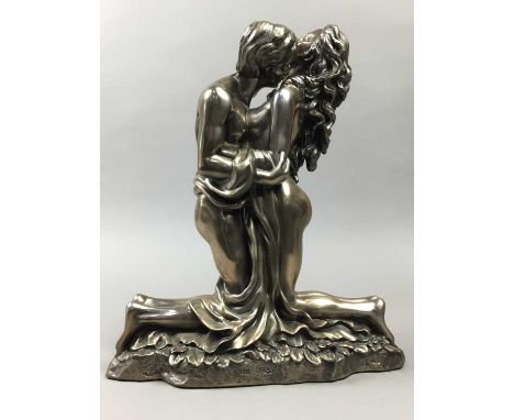 BRONZED RESIN FIGURE OF TWO LOVERS,along with a resin Bradford Exchange 'Bath Time In The Garden' sculpture, two hardstone eg