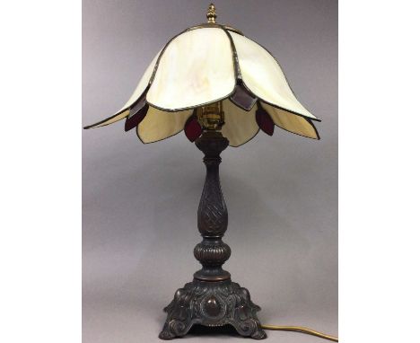 METAL TABLE LAMP,with tulip shade, along with a gilt figural table lamp and another lamp (3)