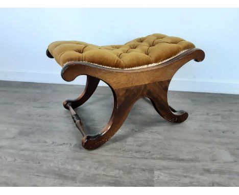 MAHOGANY X FRAME STOOL,the seat upholstered with button detail