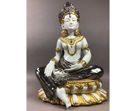 ITALIAN CERAMIC AND GILT FIGURE OF A SEATED BUDDHA,49cm high, along with two busts and a ceramic elephant (4)