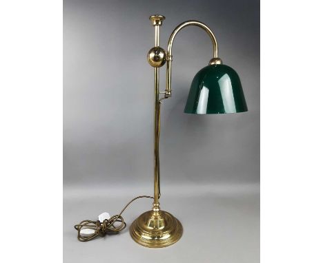 LIBRARY-TYPE TABLE LAMP WITH CONICAL GREEN GLASS SHADE,the column brass on copper, 75cm high