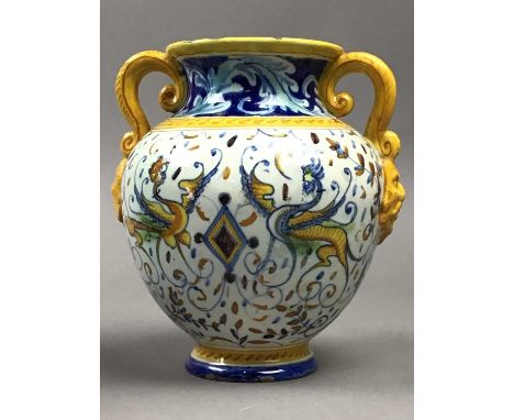 ITALIAN MAJOLICA TWIN HANDLED VASE,15.5cm high, bearing mark to base, along with a blue and white ceramic vase (2)