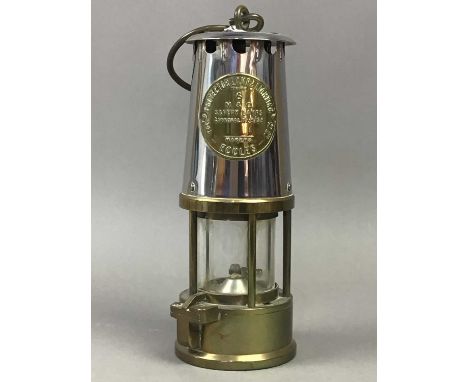 ECCLES MINER'S SAFETY LAMP,26cm high, along with a mother of pearl inlaid oval tray (2)