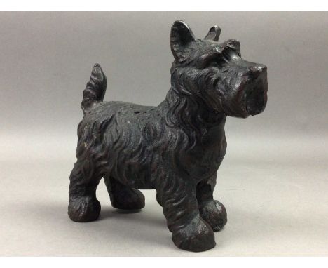 BRONZED CAST METAL MODEL OF A TERRIER DOG,19cm long