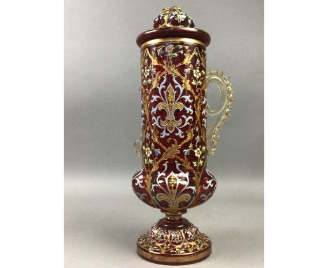 19TH CENTURY BOHEMIAN RUBY GLASS VASE AND COVER,possibly moser, enamelled with scrolling foliage and fleur de lis, 40cm highO