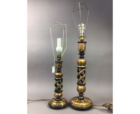 TWO KASHMIR CANDLESTICK TABLE LAMPS,the taller 46.3cm high excluding fitments (2)