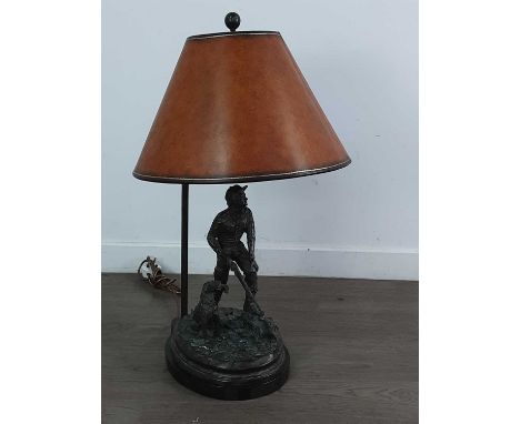 METAL FIGURAL TABLE LAMP,depicting a hunter and his gun dog, with shade, 73cm high