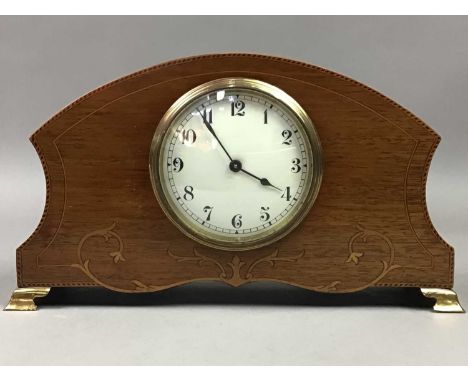 EARLY 20TH CENTURY INLAID MAHOGANY MANTEL CLOCK,on brass bracket feet, 26cm wide
