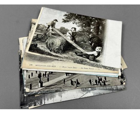 LOT OF POST CARDS,depicting street scenes and cartoons, also a blue and white ceramic tile
