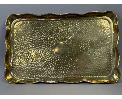 LOT OF BRASS WARE,including a hammered tray with serpentine gallery, Victorian kettle, set of postal scales and weights, triv