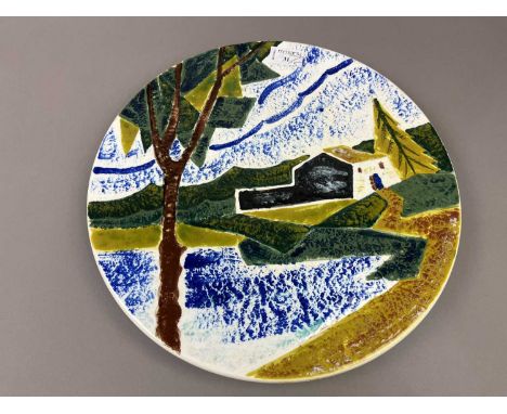 VINTAGE CERAMIC WALL PLAQUE, 36cm diameter, along with two vases, ship in a bottle and a resin figure (5)