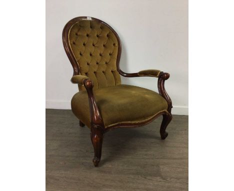 VICTORIAN MAHOGANY FRAMED BUTTON BACK OPEN ELBOW CHAIR,90cm high