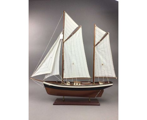 VINTAGE SCRATCH BUILT MODEL TWIN MASTED SHIP,with cloth sails, presented on stand, 81.5cm high