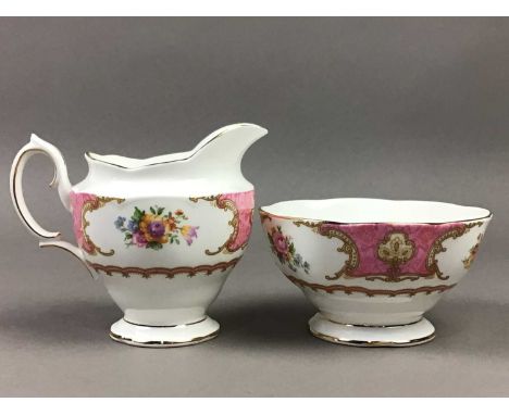 ROYAL ALBERT LADY CARLYLE PATTERN TEA SERVICE,comprising six cups, six saucers, six side plates, cake plate, cream and sugar