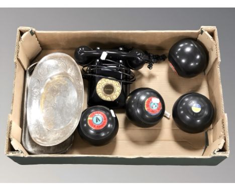A group of four lawn bowls, vintage telephone, two silver plated dishes (one box) 