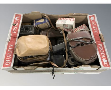 A group of Sony digital video cameras, Yashica video camera, cameras including Halina, photography equipment, etc (one box)