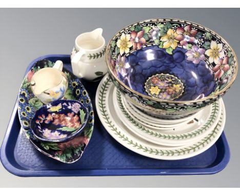 Eight pieces of Portmeirion Botanic Garden china, Maling blue lustre fruit bowl and three further pieces of Maling 
