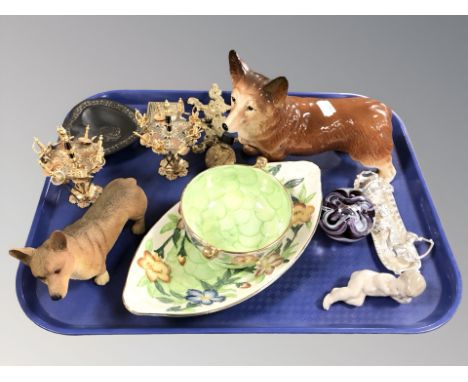 A Melba Ware corgi, further ornaments, Selkirk Glass paperweight, two pieces of Maling, Wedgwood black jasper ware dish, bras